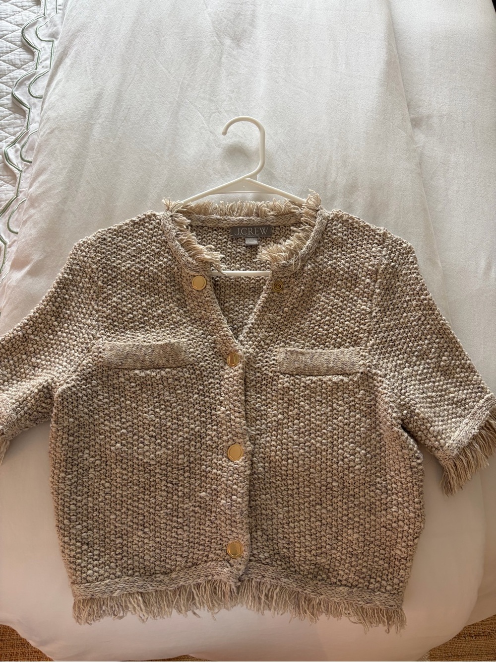 J.Crew Neutral Bouclé Fringe Knit Cardigan